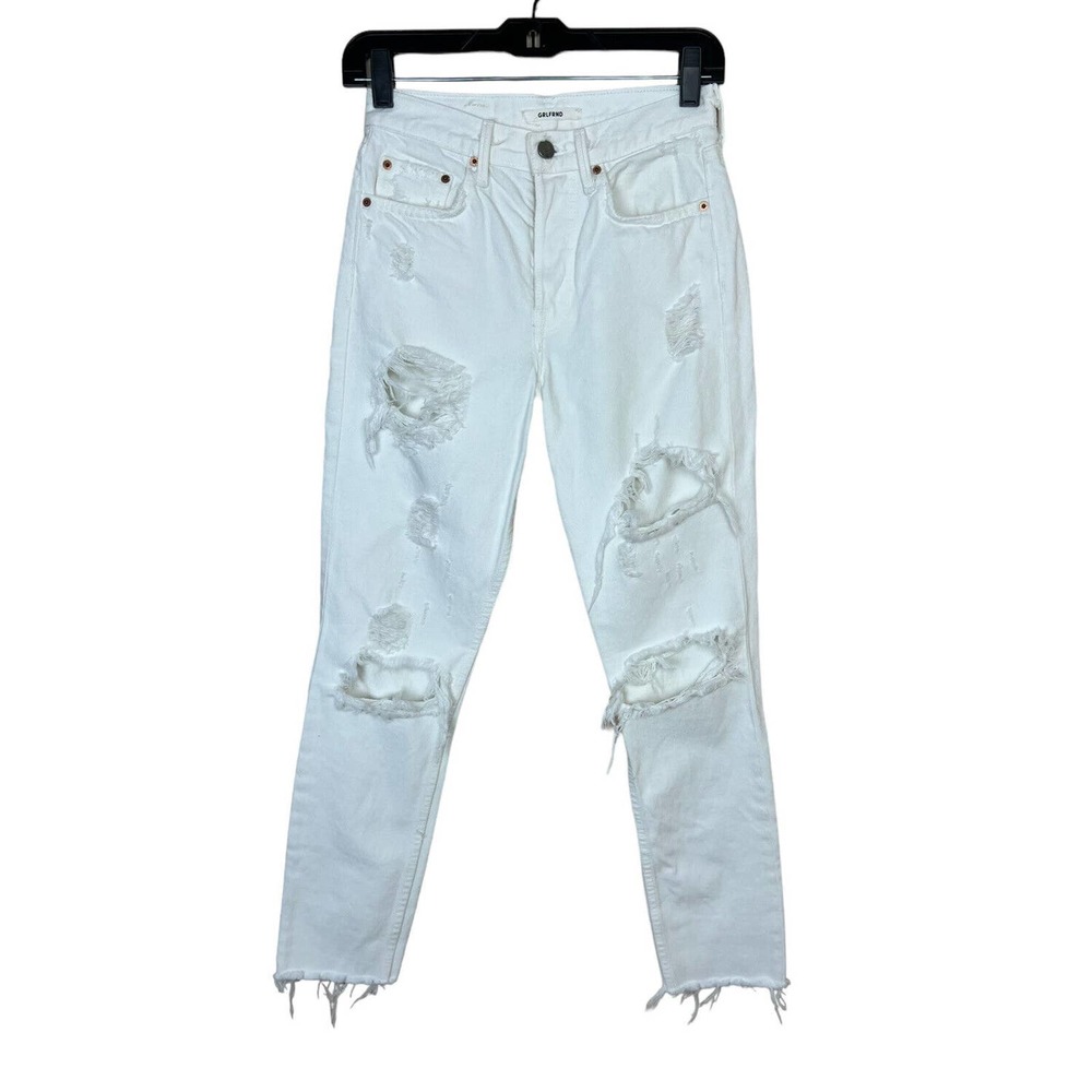 GRLFRND White High Rise Skinny Jeans 24 Karolina Distressed Raw Hem Ripped Denim